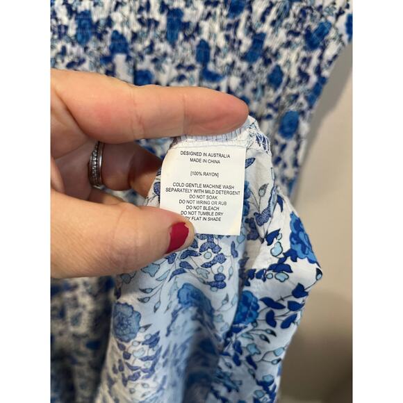 Abel The Label Blue White Floral Midi Dress L Wrap V Neck Cottagecore Boho - Picture 6 of 8